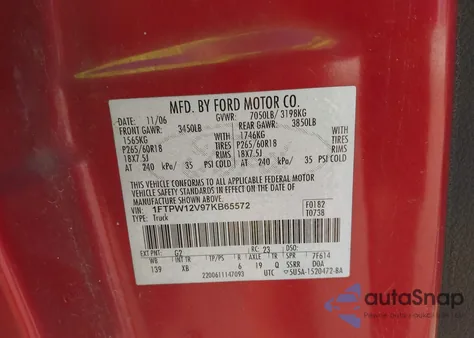 2007 Ford F-150 Fx2/Lariat/Xlt from USA, damaged, VIN 1FTPW12V97KB65572